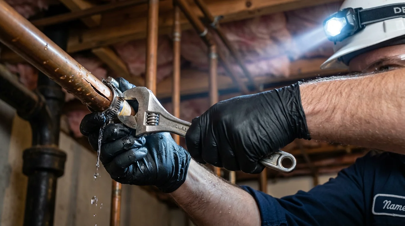 Emergency pipe clamp repair being performed by a Johns Plumbing LLC plumber in Boylston