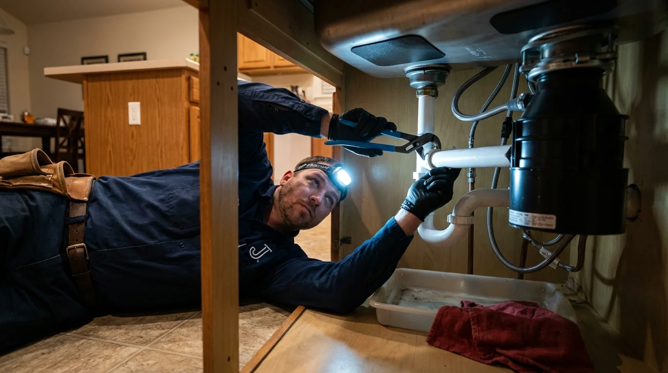 P-trap and supply line connections under a kitchen sink showing a common leak point in Boylston, MA